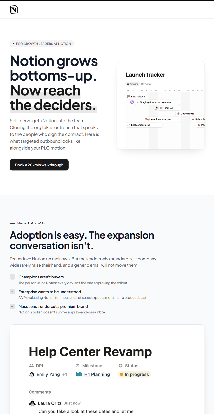 A landing page built for a prospect at Notion